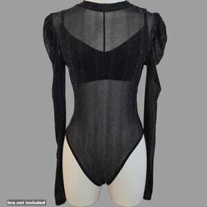 Shien Black Shimmery Puff Sleeve Mesh One Piece Bodysuit Sz Small
